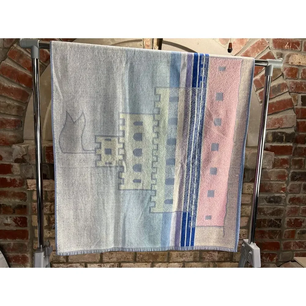 beach towel sandcastle pink blue orange 1980s